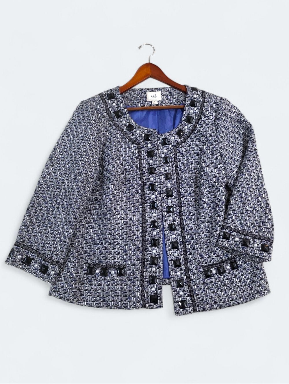 eci New York Textured Tweed Open-Front Jacket in Navy Embellished Size Large